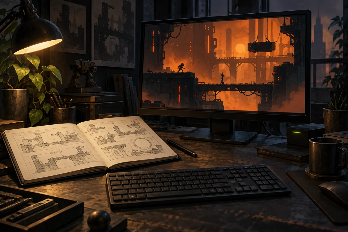 Illustration of a game-making workspace with level sketches and an industrial sci-fi world on a monitor