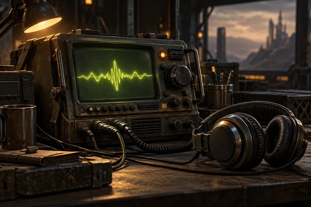 Illustrated sci-fi radio terminal and headphones, with a softly glowing green signal